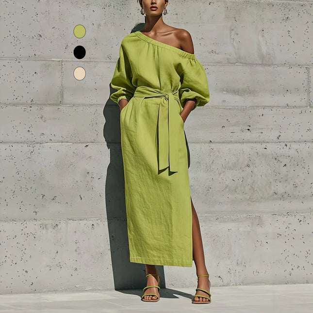 Fashionable Elegant Loose Linen Off-Shoulder Side Slit Dress with Belt