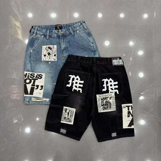 Mixed Emotion Patch Denim Shorts
